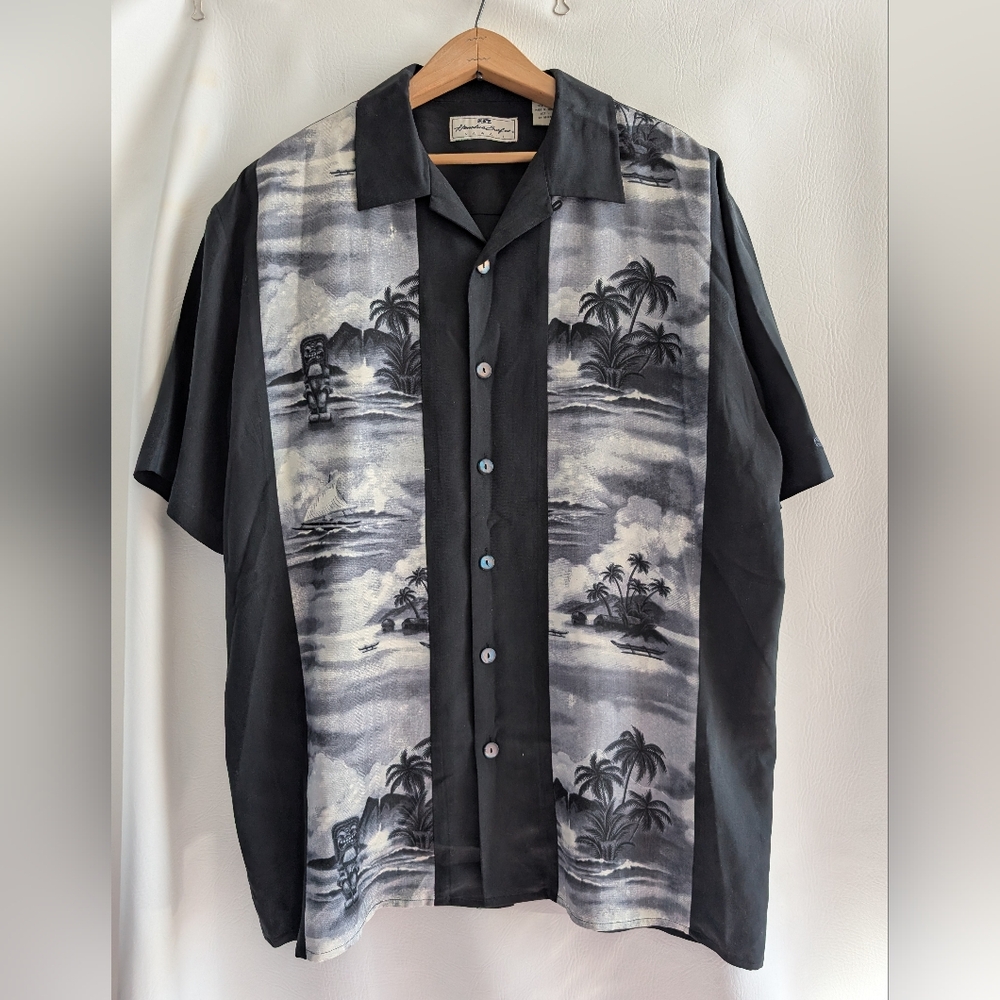 Honolua Surf Silk Black Island Print Hawaiian Shirt Short Sleeves - L